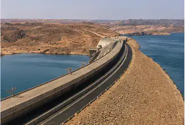 Road crossing beside Lake Nasser and desert hills