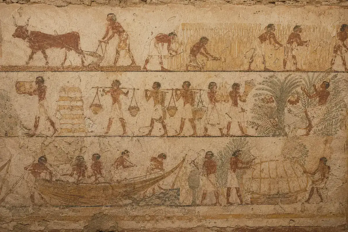 Farming and boat-building represented in painted registers