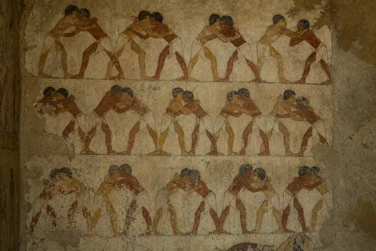 Rows of paired wrestlers in Middle Kingdom art