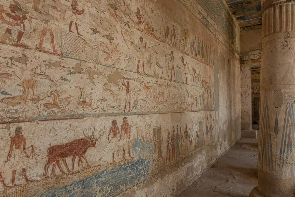 Weathered painted registers in Khnumhotep II’s chapel