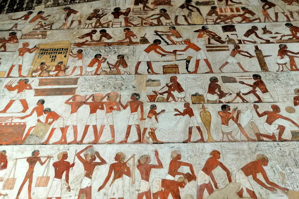 Craftsmen at work in the Tomb of Rekhmire TT100 at the Tombs of the Nobles in Luxor