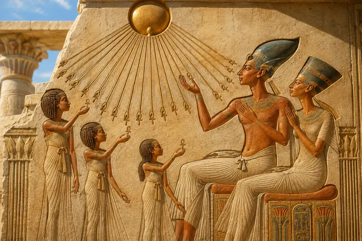 Akhenaten and Nefertiti with royal daughters beneath the rays of Aten