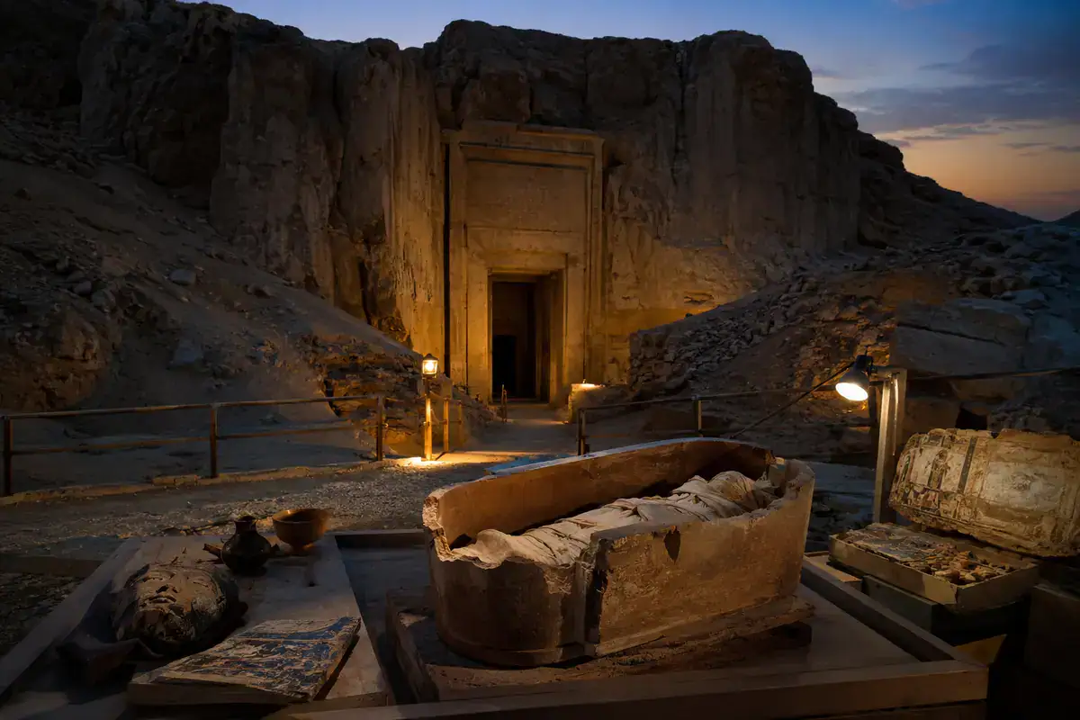 Archaeological visualization of the mystery surrounding Akhenaten Royal Tomb and KV55 mummy