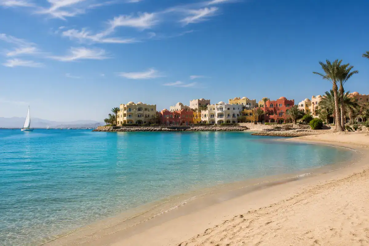 Turquoise lagoon and waterfront buildings in El Gouna, one of the best beaches in Egypt