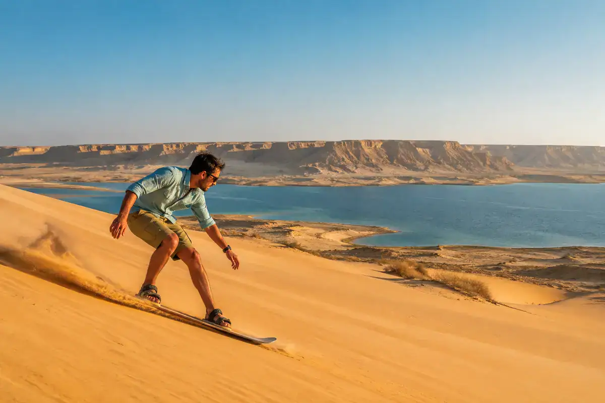 Traveler sandboarding beside Magic Lake in Fayoum Egypt