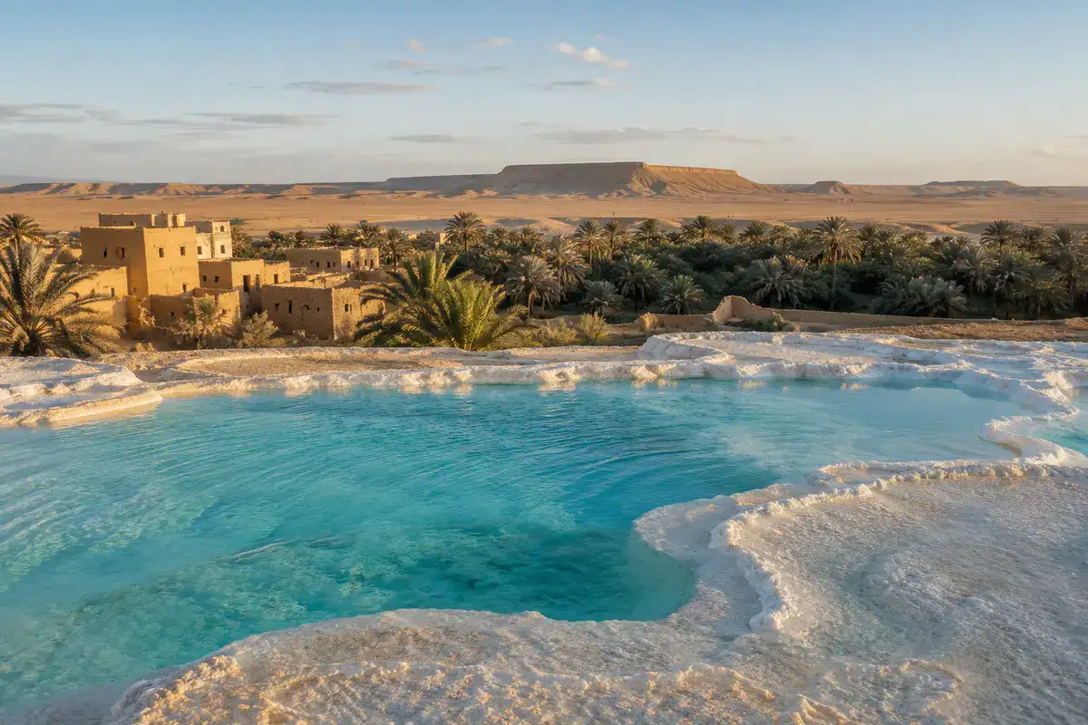 Turquoise salt pool, date palms and mud-brick buildings in Siwa Oasis