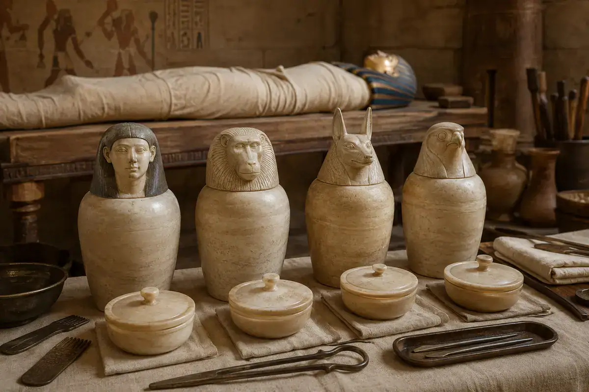 Four canopic jars used during mummification in Ancient Egypt