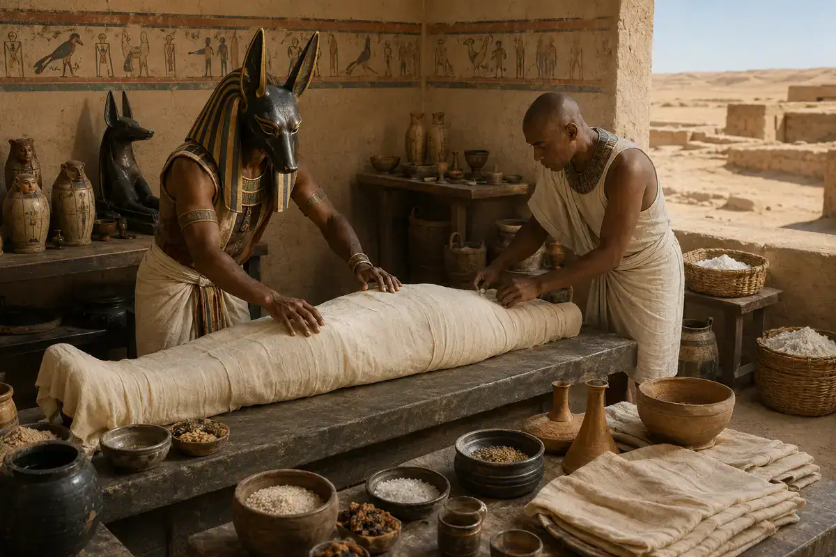 Mummification in Ancient Egypt workshop with embalmers, linen, natron and ritual equipment