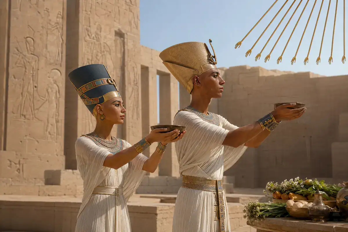 Nefertiti and Akhenaten presenting offerings beneath the rays of Aten