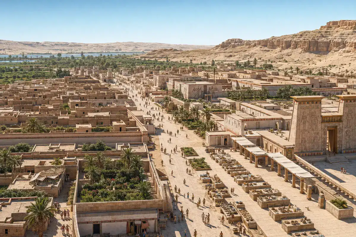 Nefertiti era reconstruction of Akhetaten city and its open Aten temples