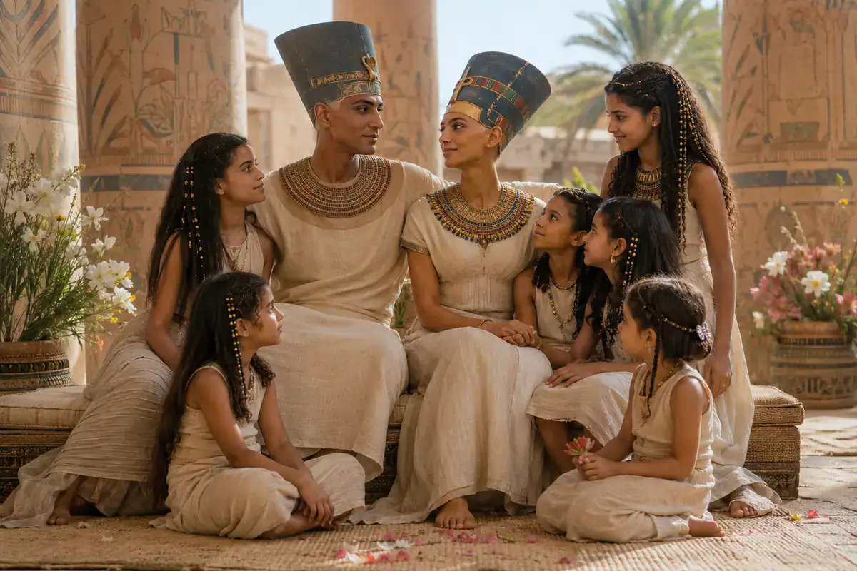 Nefertiti and Akhenaten with their six royal daughters at Amarna