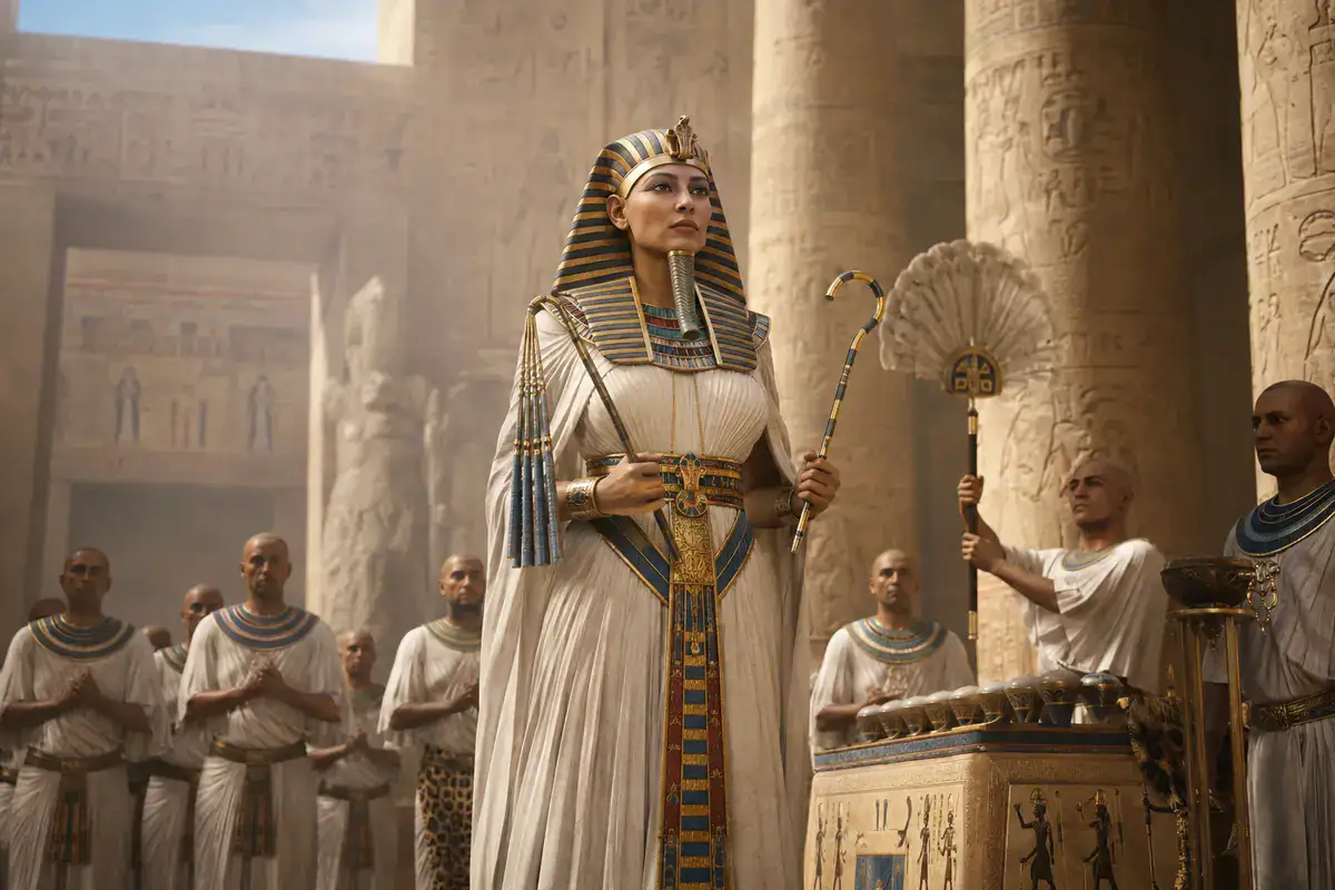 Historical reconstruction of Queen Hatshepsut ruling as Pharaoh