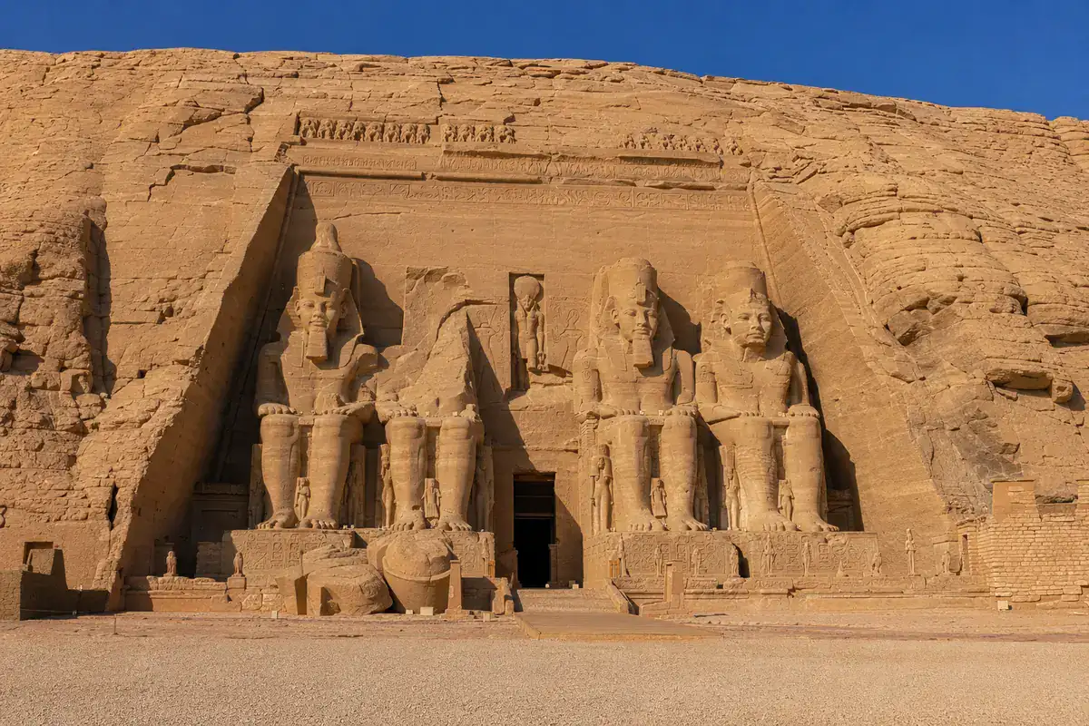 Ramesses II colossal statues at Abu Simbel temple in Nubia