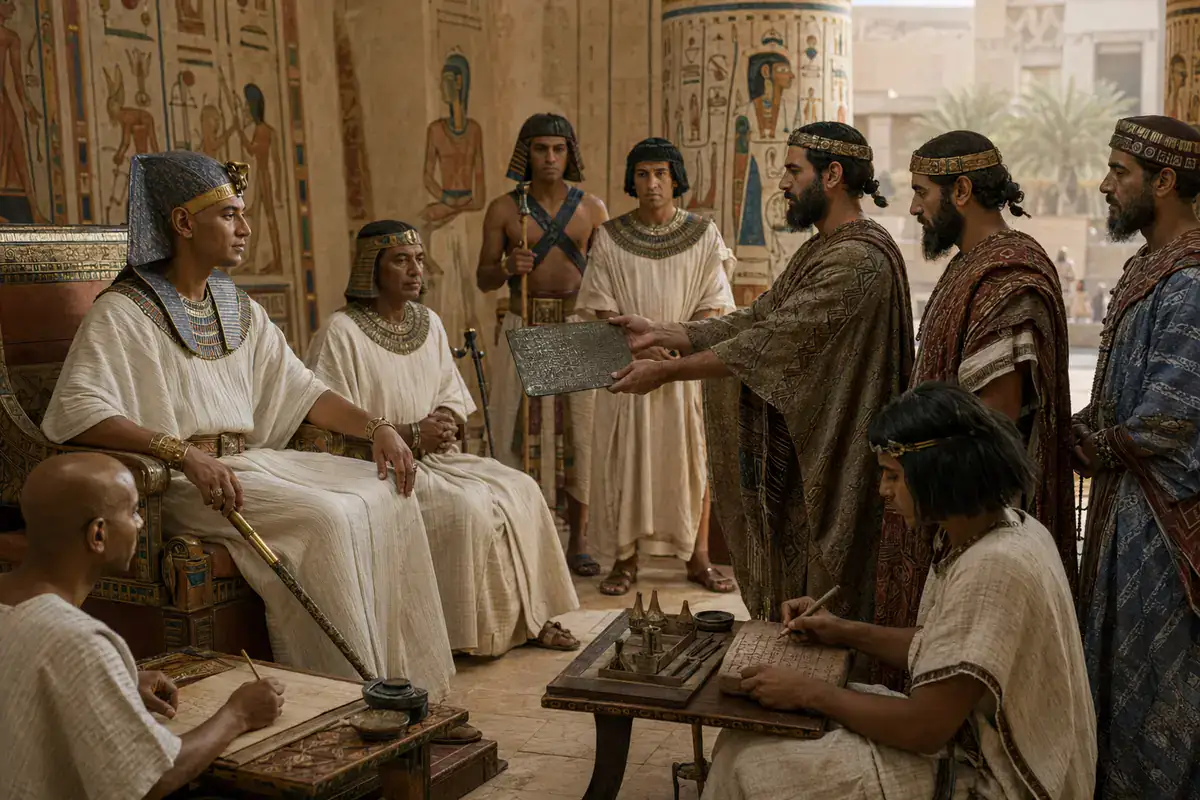 Ramesses II receiving the Egyptian Hittite peace treaty