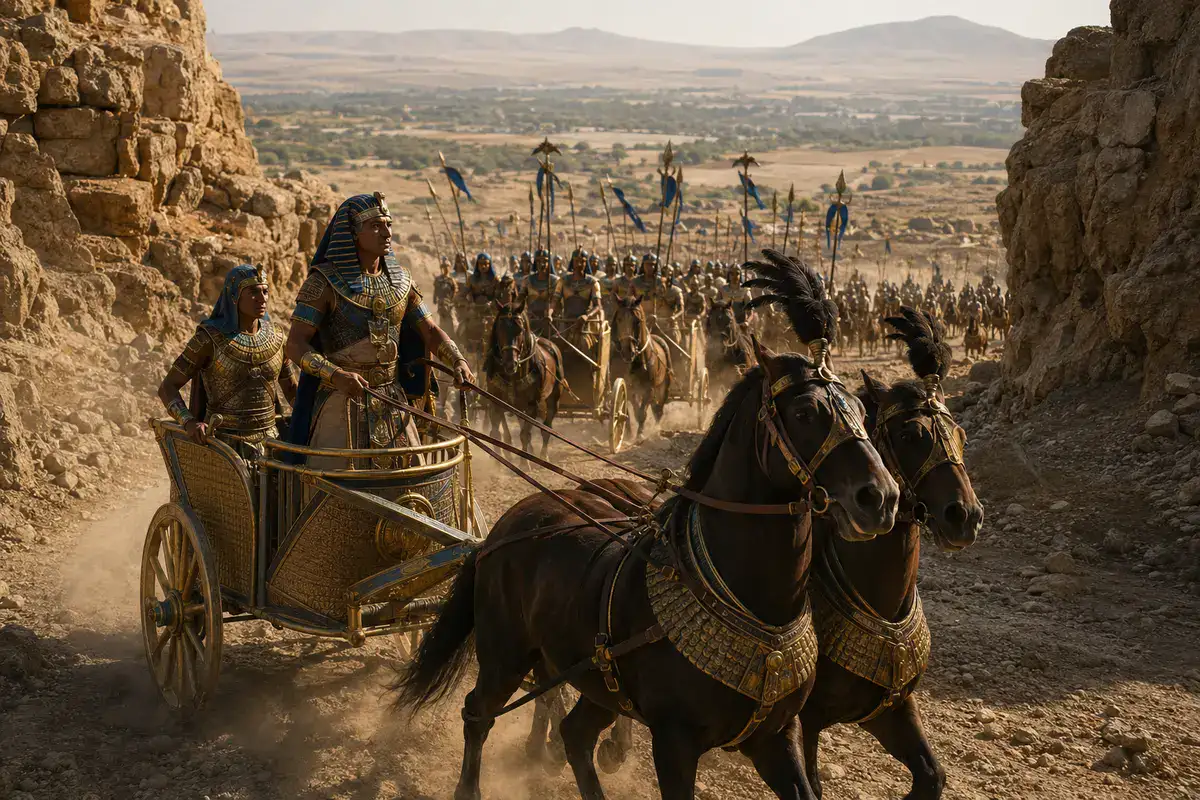 Thutmose III leading Egyptian forces through the Aruna pass before Megiddo