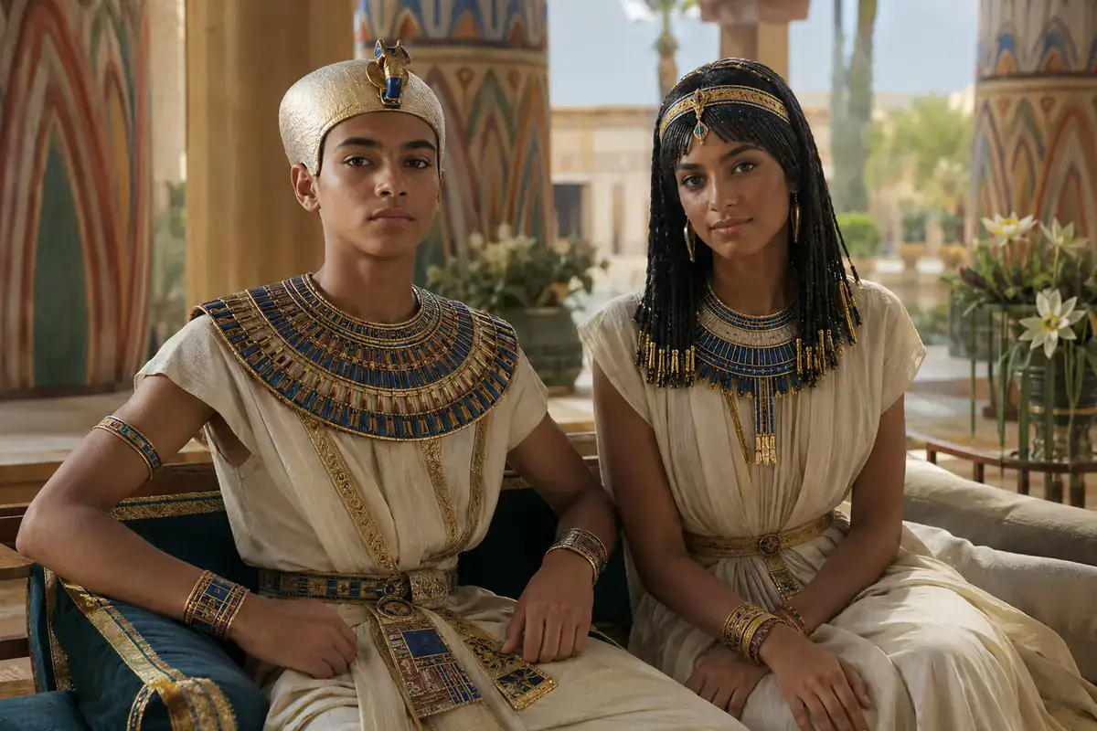 Tutankhamun and Ankhesenamun in a New Kingdom palace setting