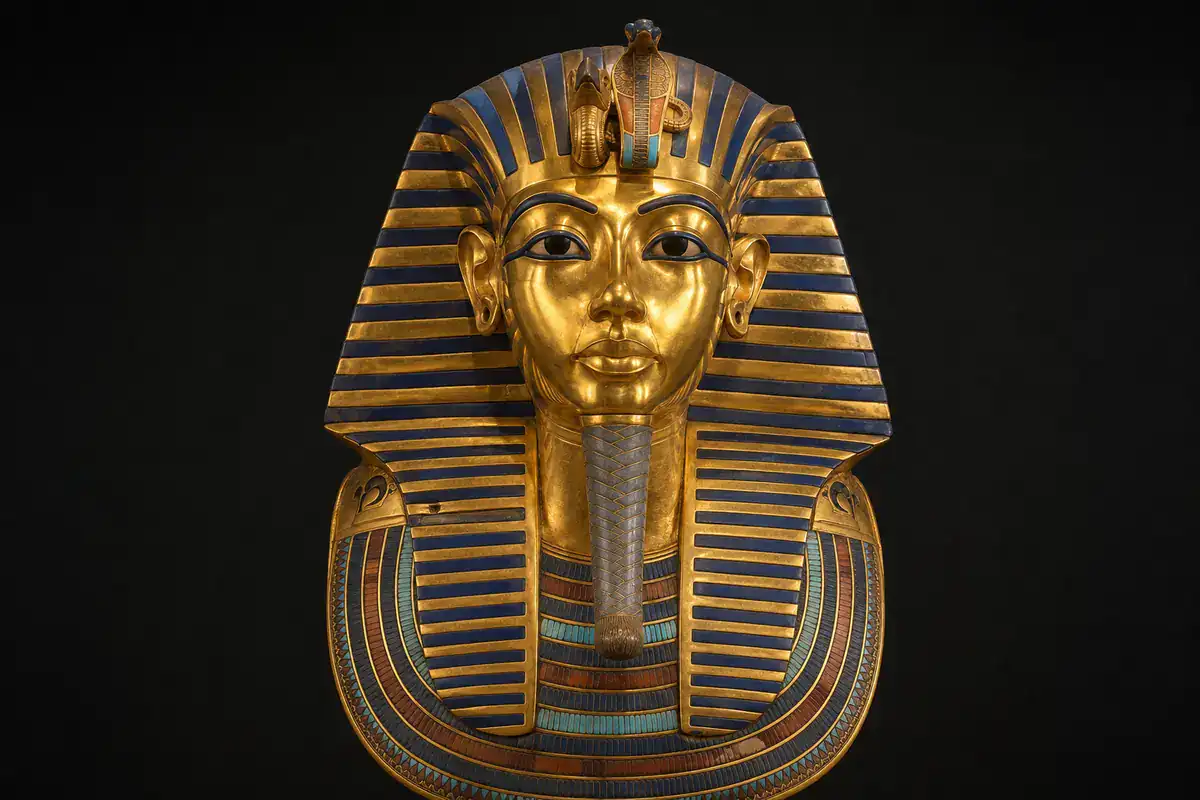 Tutankhamun golden burial mask with blue and gold nemes headdress