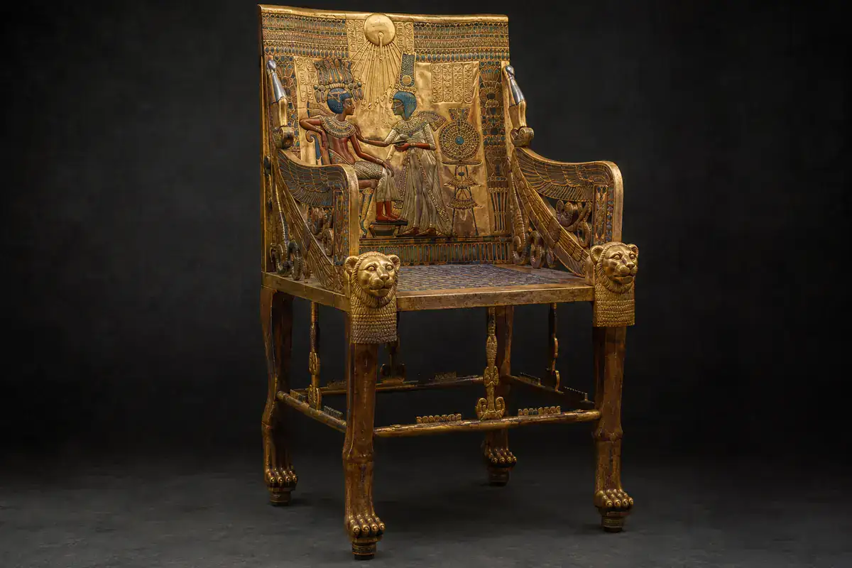 Tutankhamun golden throne with lion legs and royal couple scene