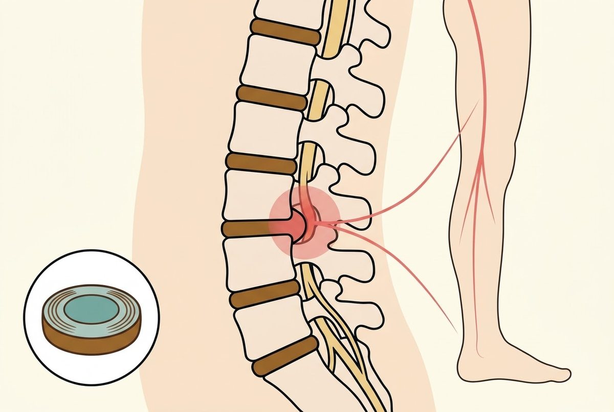 Illustration of the lower spine with a bulging disc pressing on a nerve root, with pain travelling down the leg.