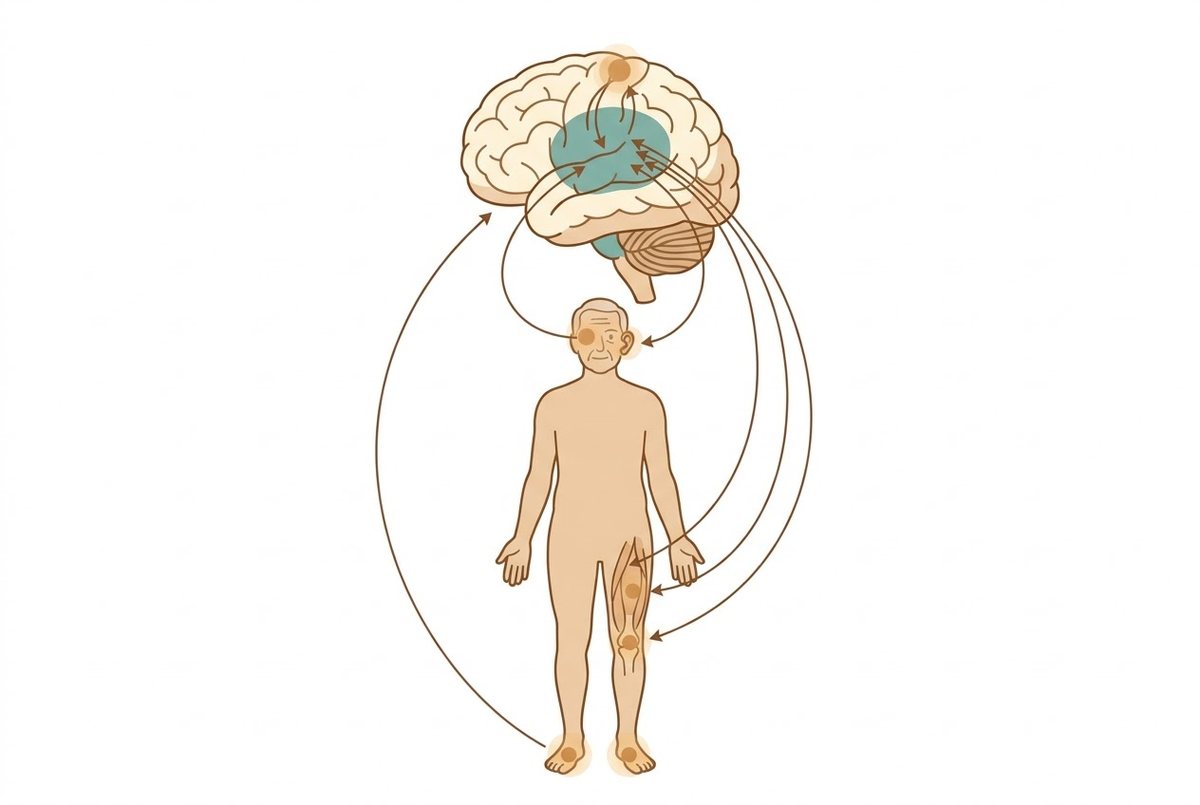 Diagram of the balance system: eyes, inner ears, feet, joints and muscles all send signals to the brain.