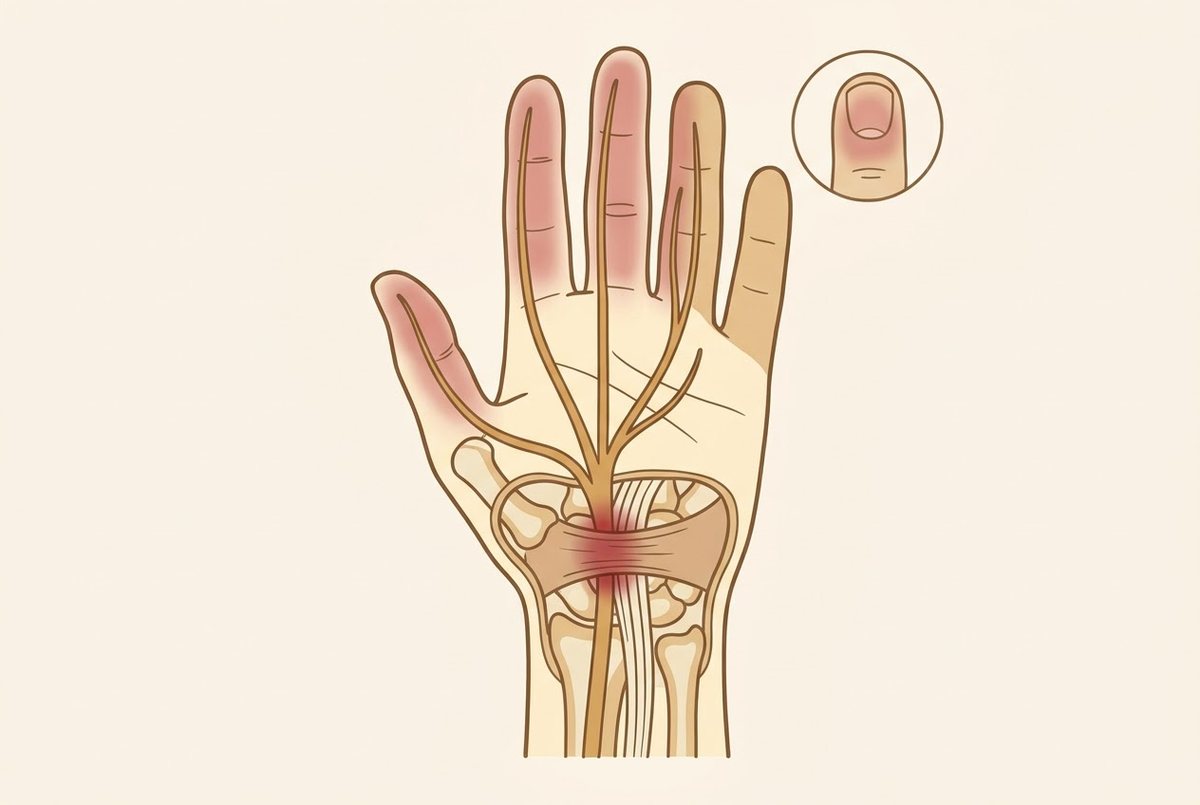 Illustration of the carpal tunnel with the median nerve compressed, and the fingers affected by numbness highlighted.