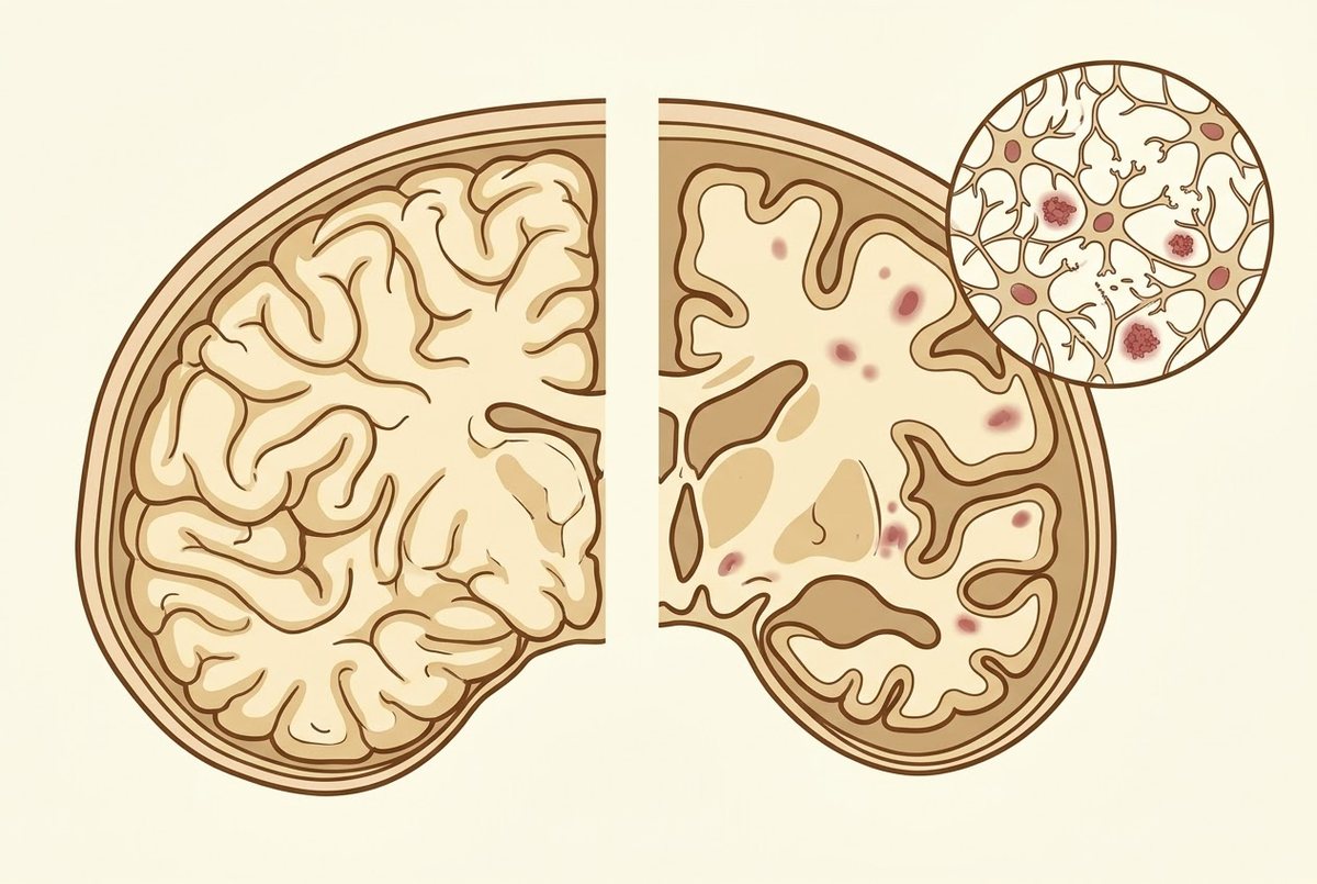 Illustration comparing a healthy brain with a brain affected by dementia, with neurons losing connections.