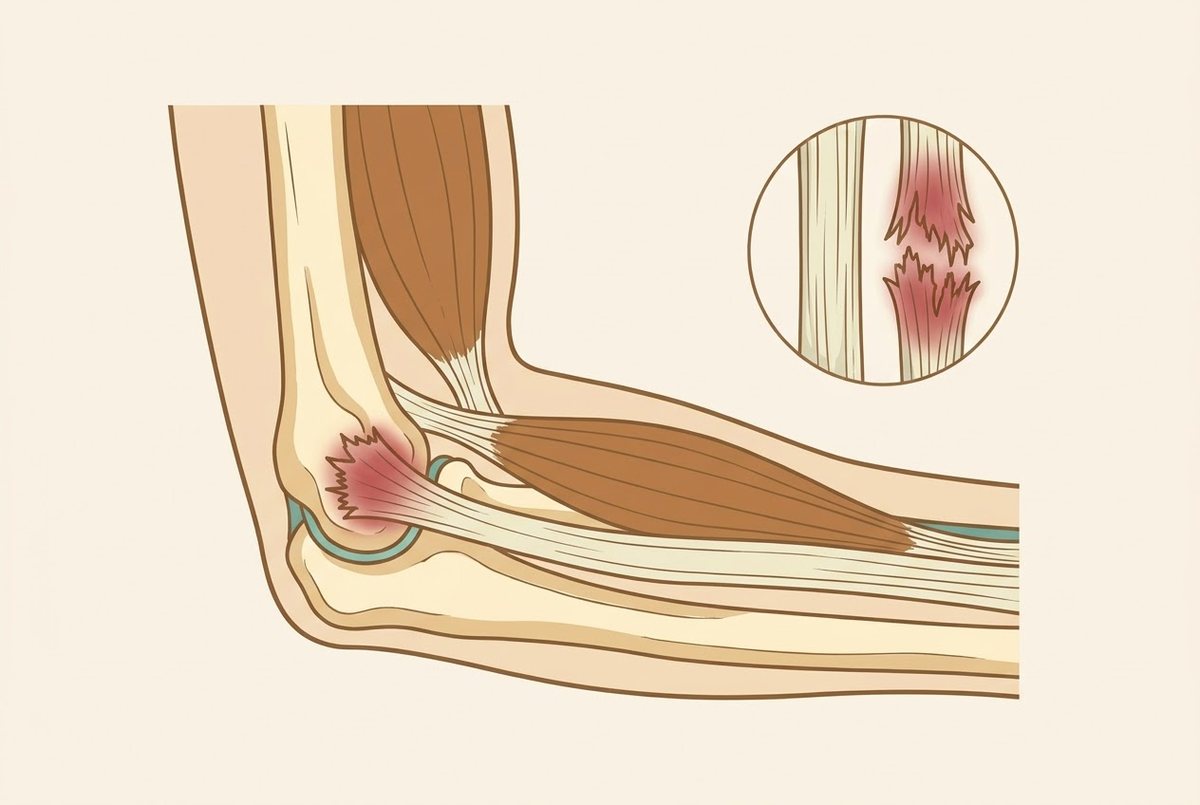 Illustration of an elbow with an overloaded, frayed tendon attachment as in tennis elbow.