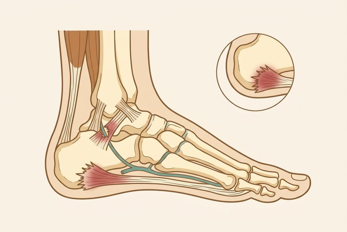 Illustration of the foot and ankle showing an inflamed plantar fascia and torn outer ankle ligaments.