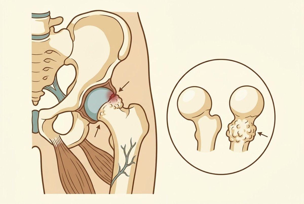 Illustration of a hip joint with extra bone on the thighbone pinching the labrum at the socket rim, as in femoroacetabular impingement, with an inset comparing a normal and a bumpy femoral head.