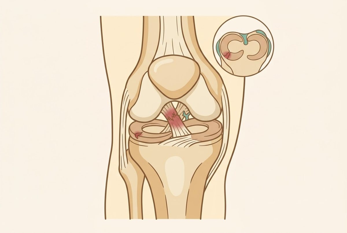 Illustration of a knee with a torn ACL and a torn meniscus.