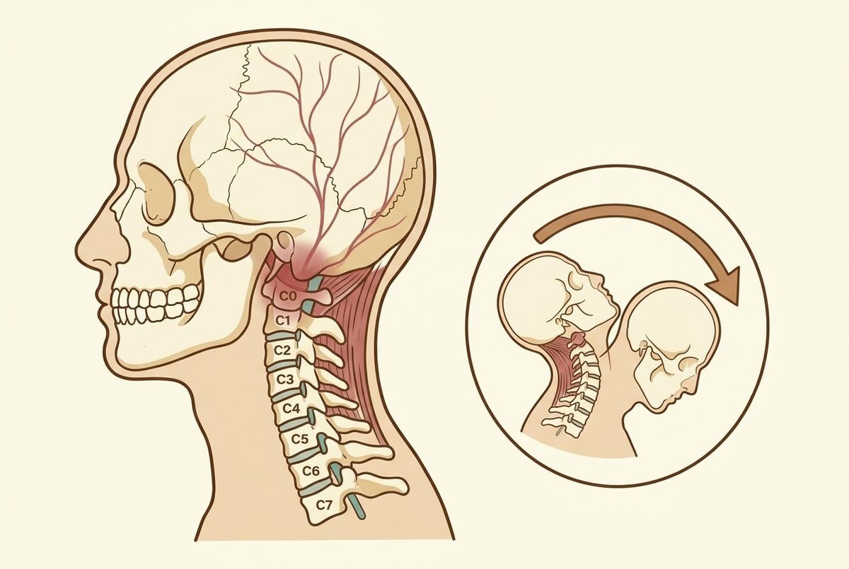 Illustration of the neck with irritated upper joints and muscles and pain spreading up the back of the head, with an inset showing the neck whipping back and forward as in whiplash.