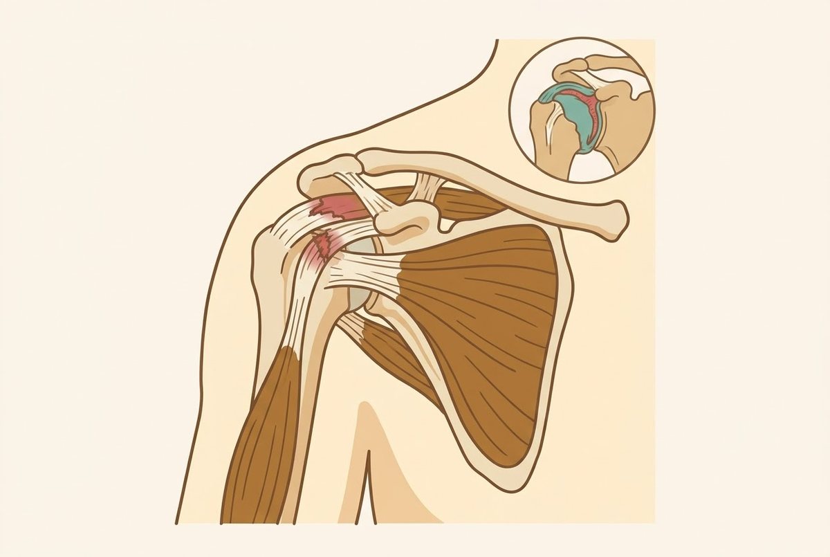 Illustration of the shoulder with a torn rotator cuff tendon and an inset of a tight joint capsule as in frozen shoulder.