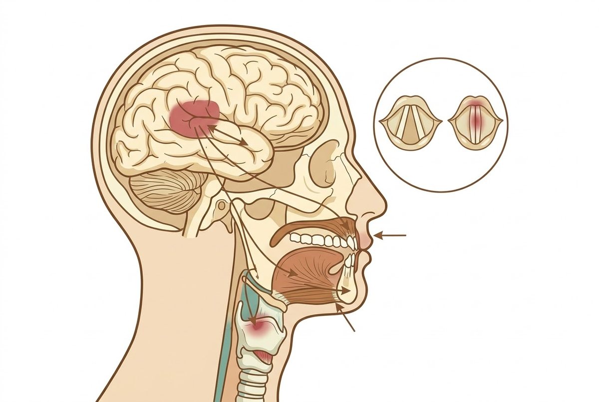 Illustration of the pathway from the brain speech areas to the mouth muscles and vocal folds.
