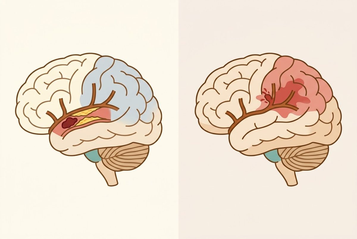 Illustration comparing an ischemic stroke, where a clot and plaque block an artery in the brain, with a hemorrhagic stroke, where a blood vessel bursts.