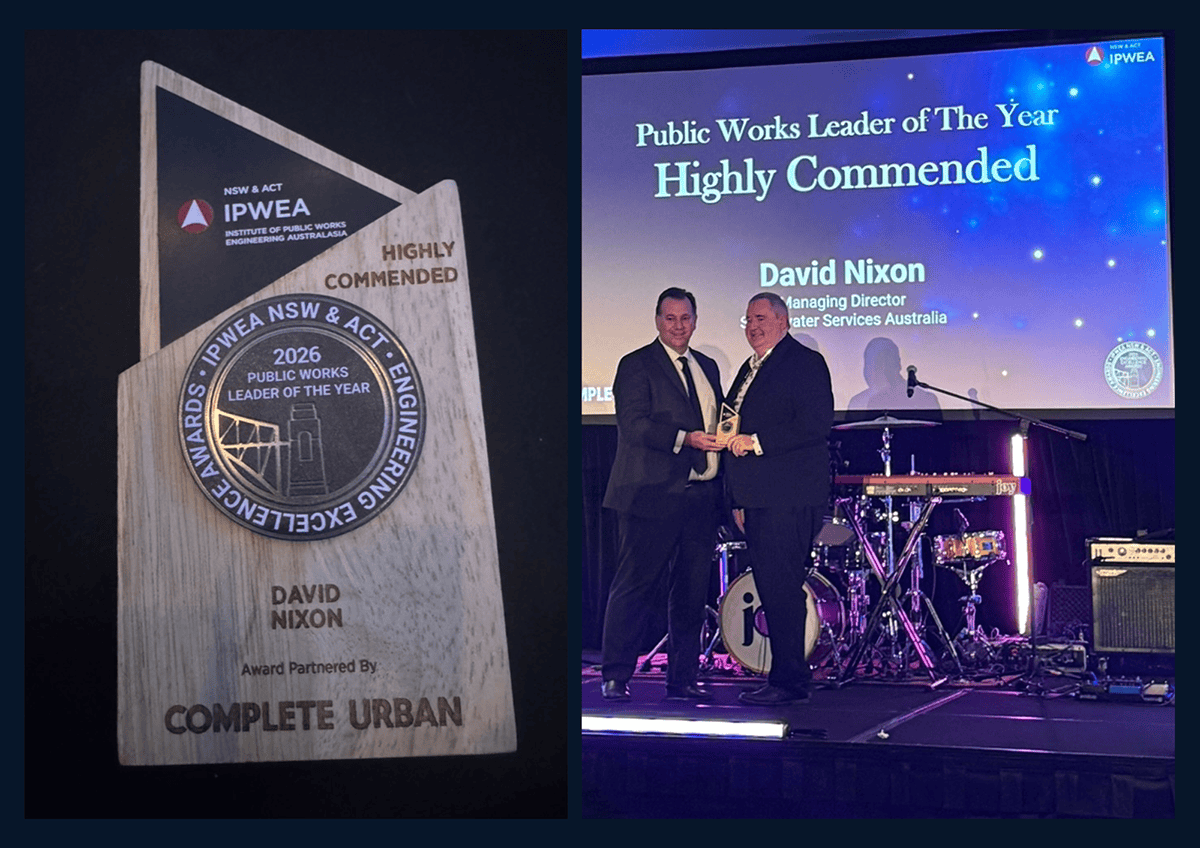Left: Wooden award plaque featuring a circular metal seal and the text 'DAVID NIXON' and 'COMPLETE URBAN' with 'Highly Commended' and IPWEA branding visible.