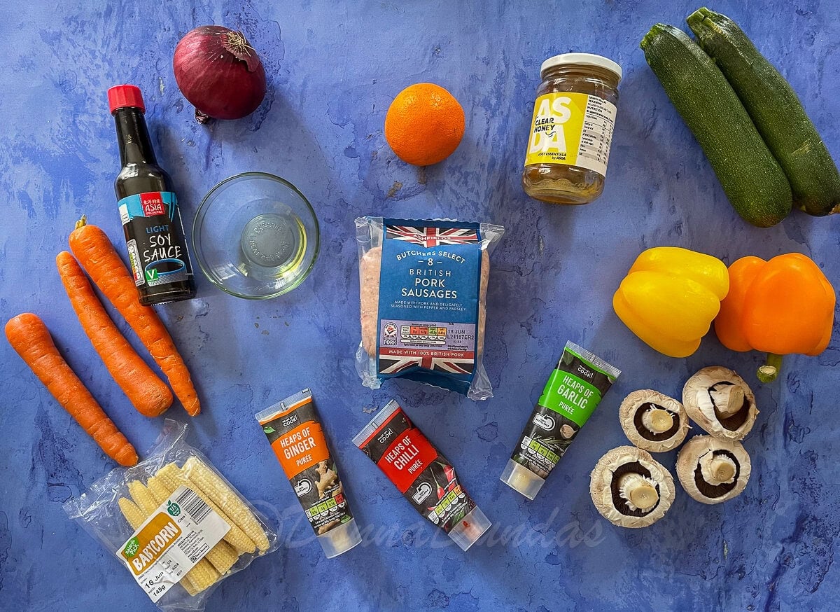 ingredients for sausage stir fry.