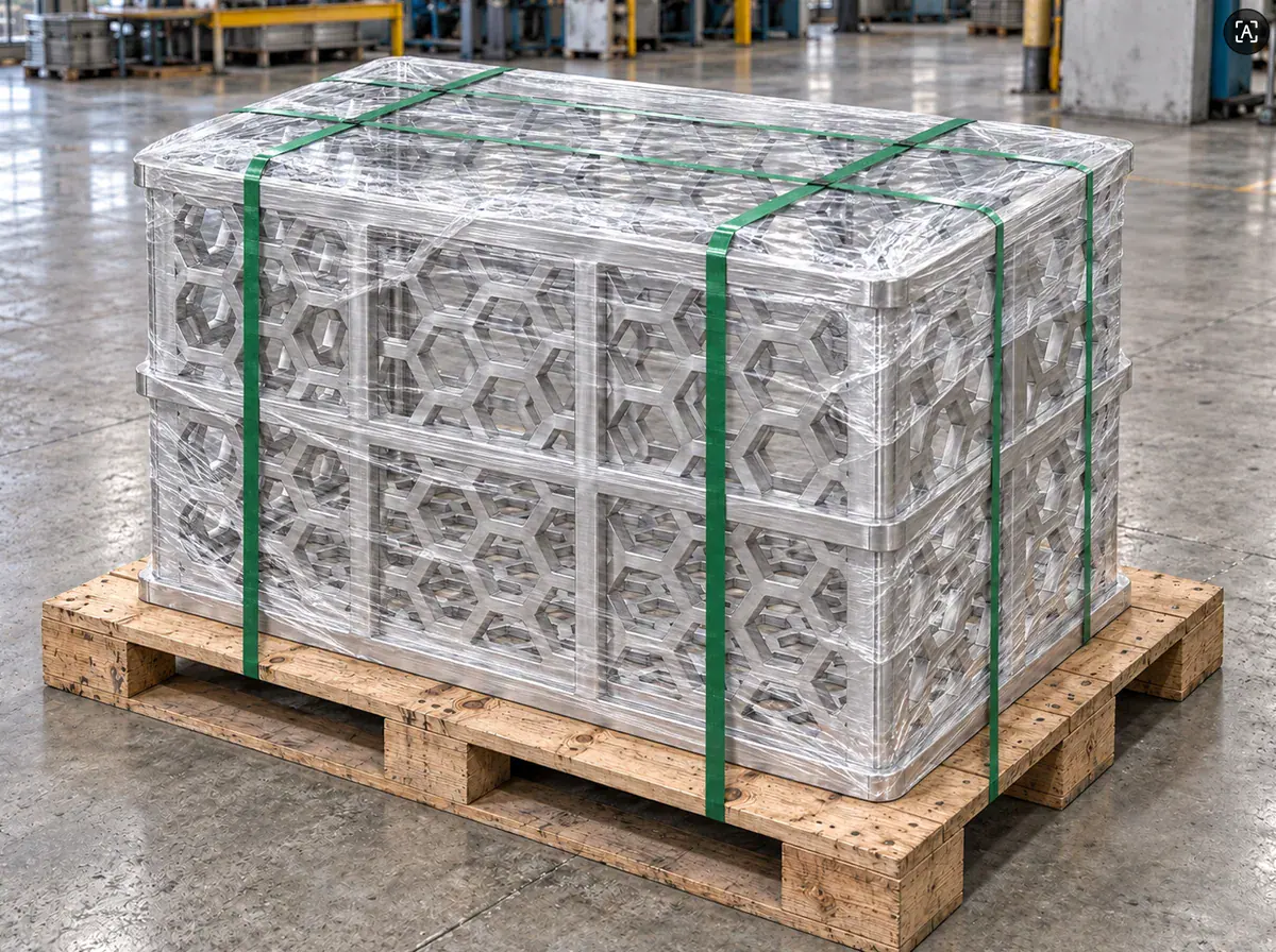 Stacked furnace fixtures secured with green straps and clear wrapping on a pallet