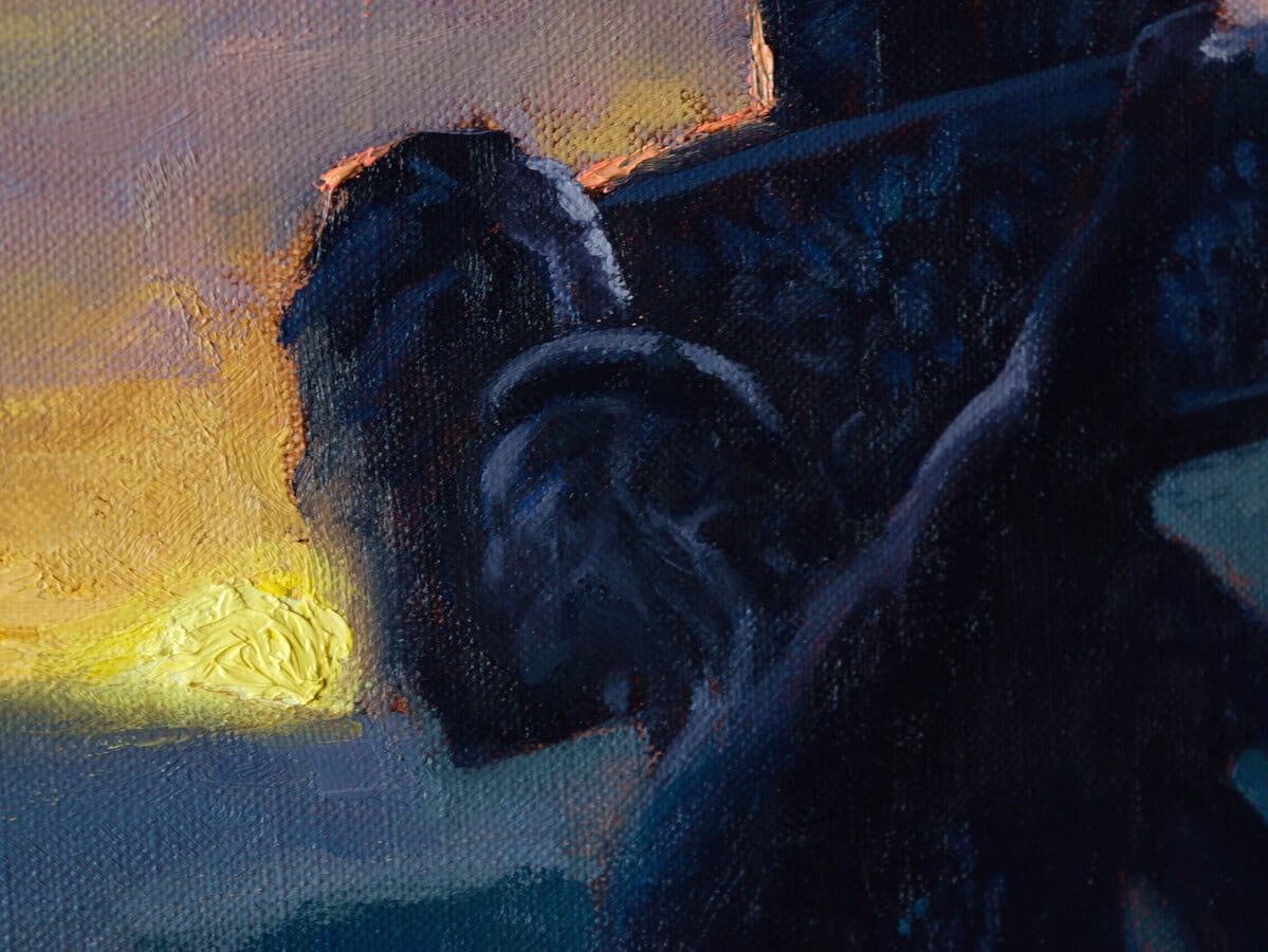 Detail of The Old Cross oil painting showing the weathered grave cross against sunset