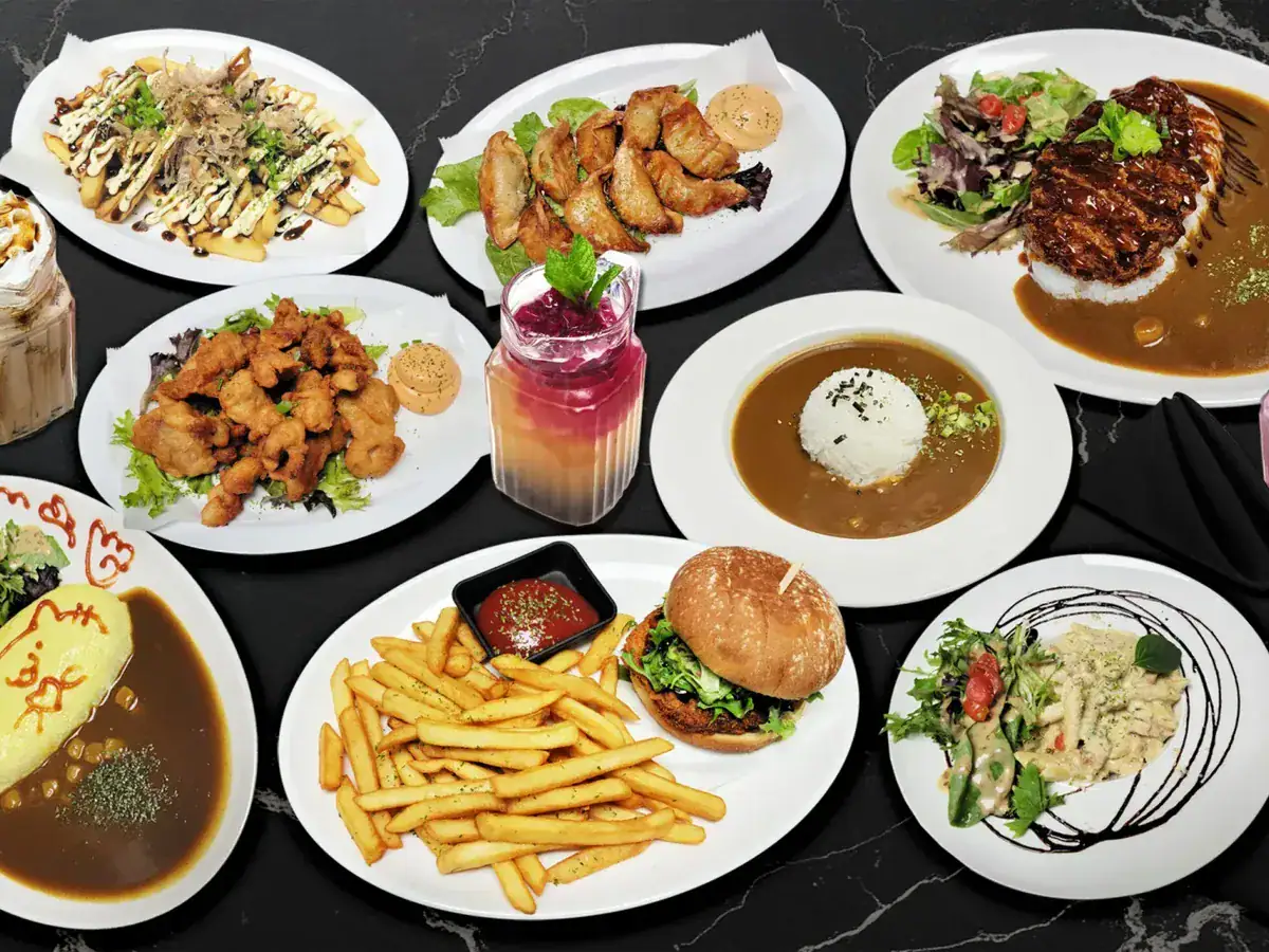 Arcane Maid Café menu spread with fried chicken, curry rice, a burger with fries, salads and a berry drink