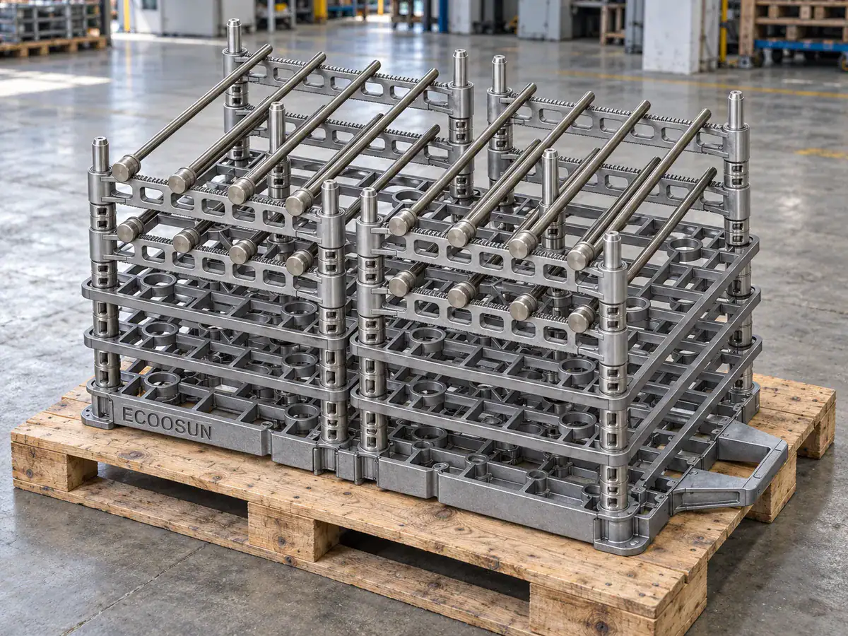 Multi-level rectangular furnace fixture with parallel support rods on a pallet