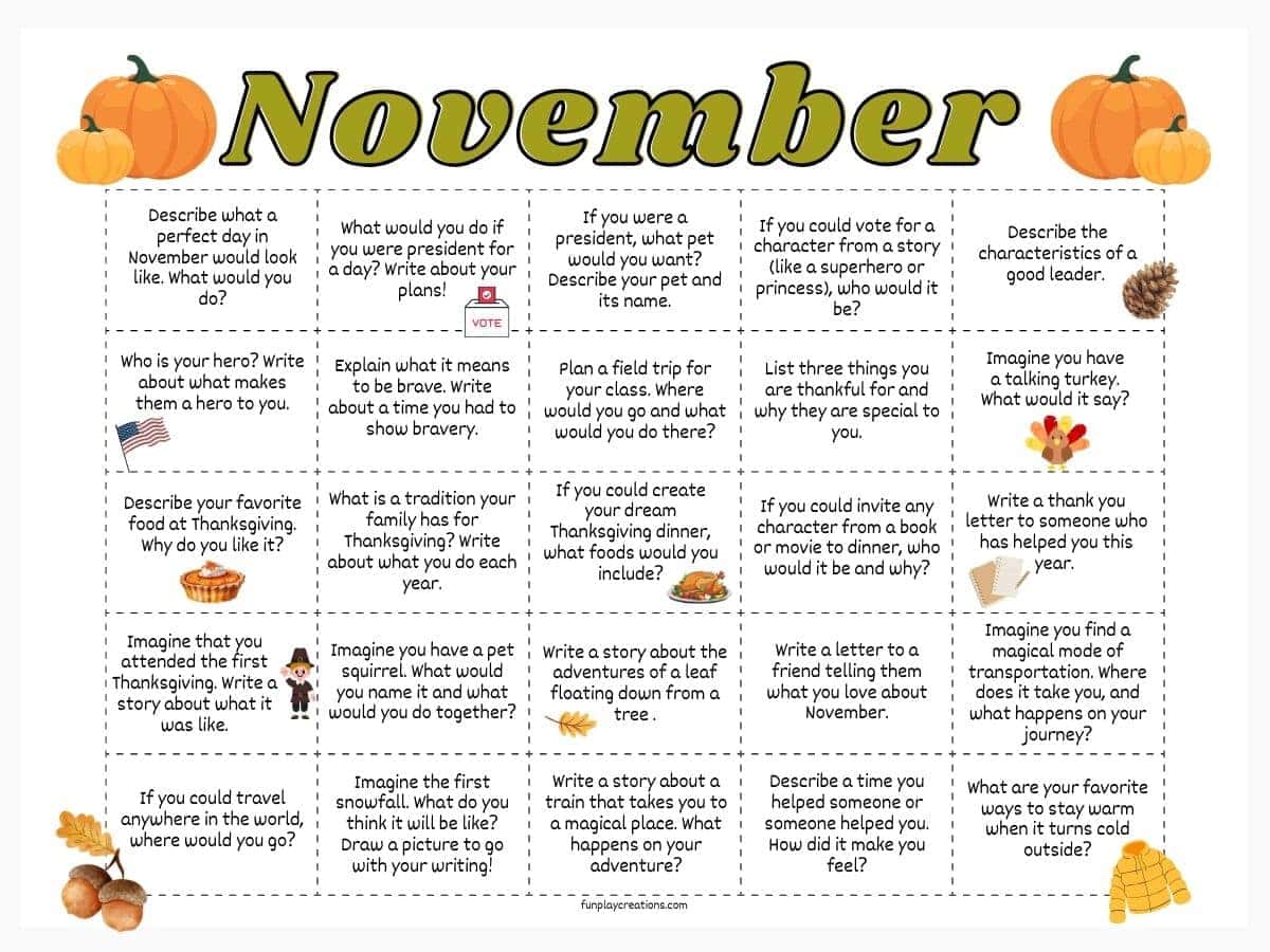 November Writing Prompts for Kids