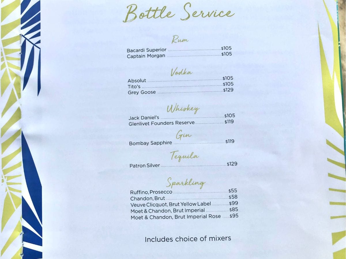 Bottle Service Menu at Coco Beach Club