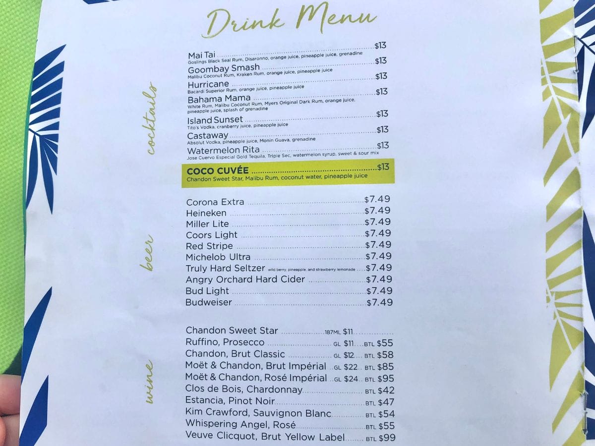 Drink Menu at Coco Beach Club