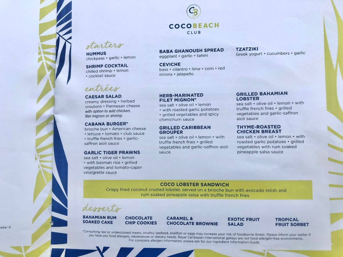 Coco Beach Club Food Menu