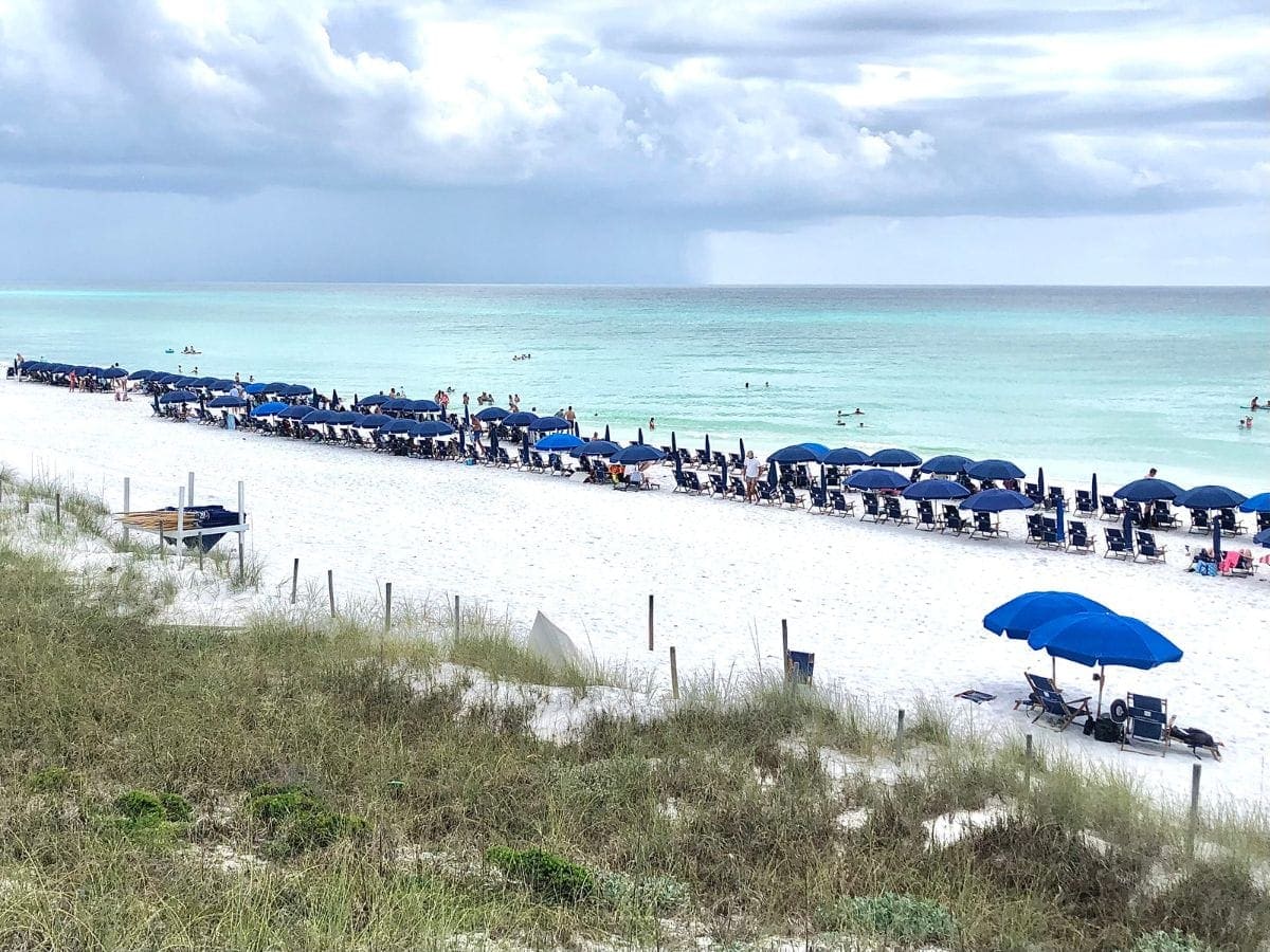 line of blue beach setups on coast