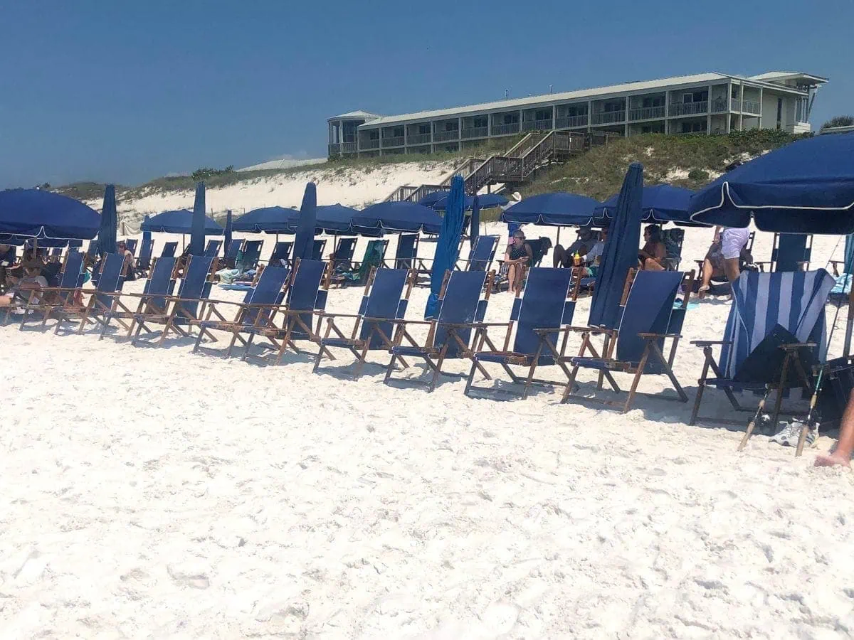 blue beach chairs and umbrellas with hotel in background