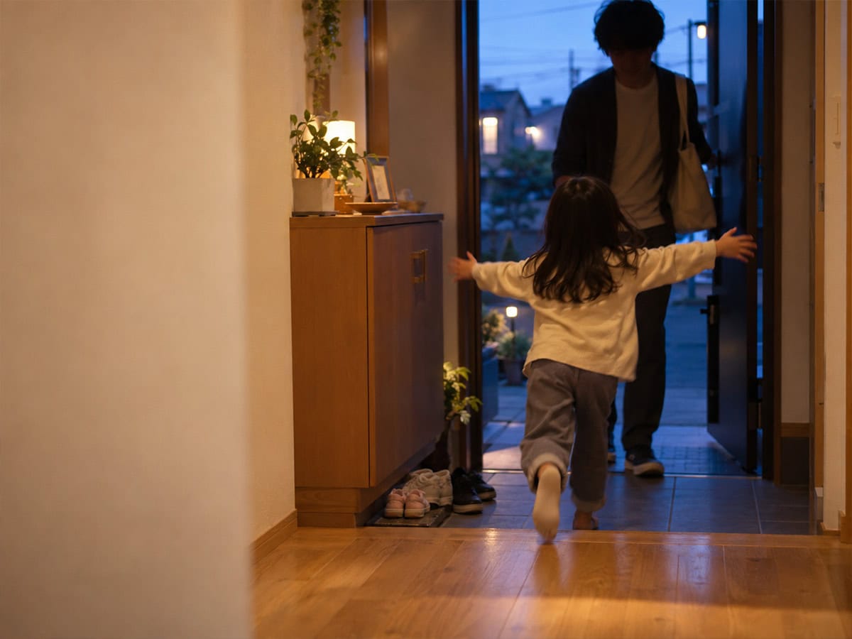 仕事を終えて帰宅し、家族に出迎えられる様子（イメージ）｜運動療育型児童デイサービスCREDO