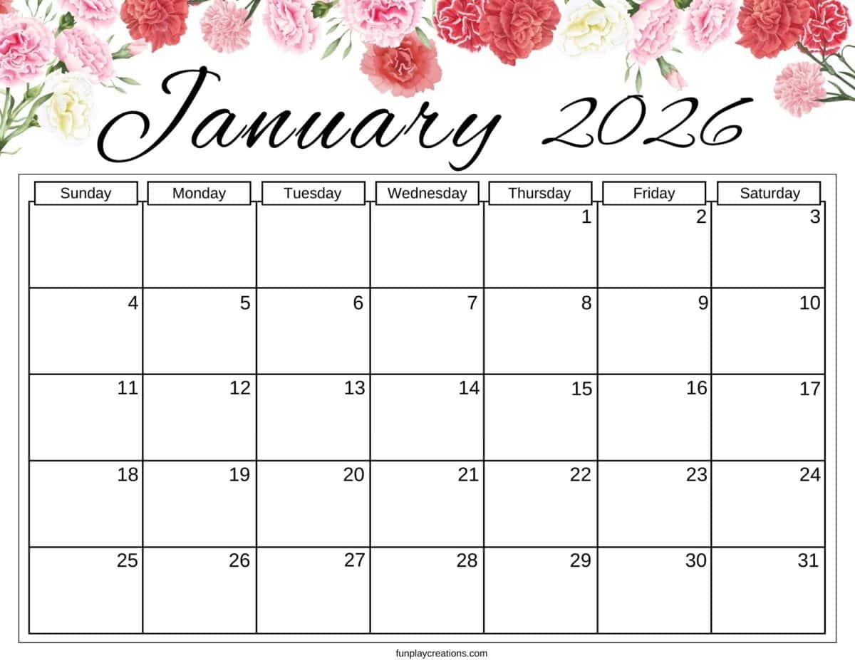January 2026 calendar with floral graphics