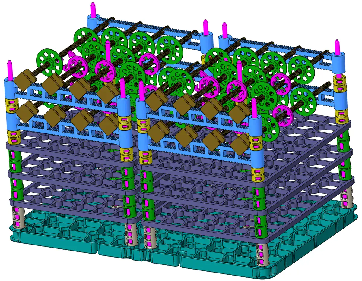 Three-dimensional fixture assembly with trays, locating posts and mounted workpieces