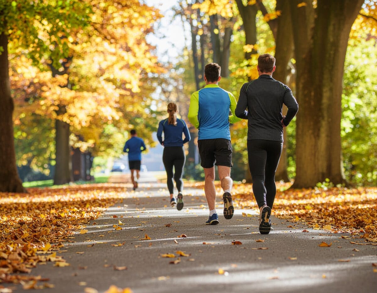 秋の季節に気持ちよさそうに走るランナー。紅葉の並木の下を走る。